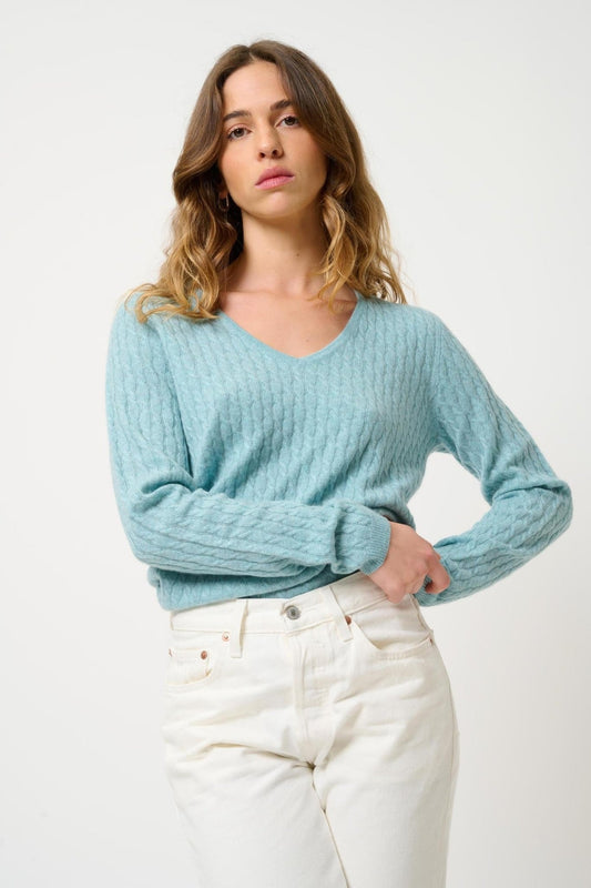 GRASMOOR Pullover mit V-Ausschnitt aqua meliert 100% Kaschmir