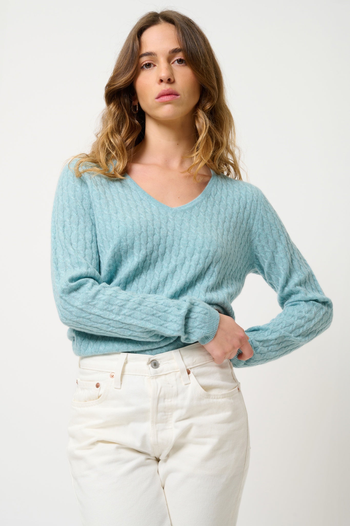 GRASMOOR pull col v aqua chiné 100% cachemire