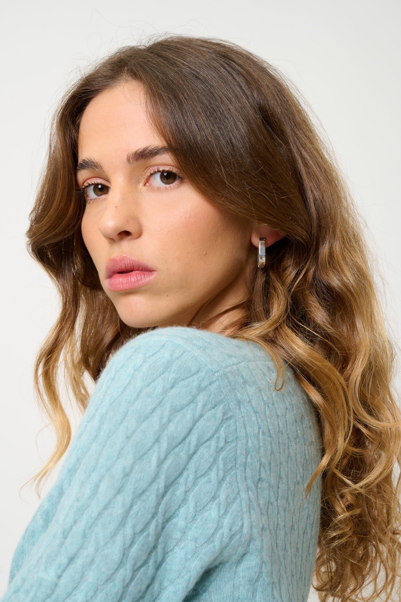 GRASMOOR pull col v aqua chiné 100% cachemire