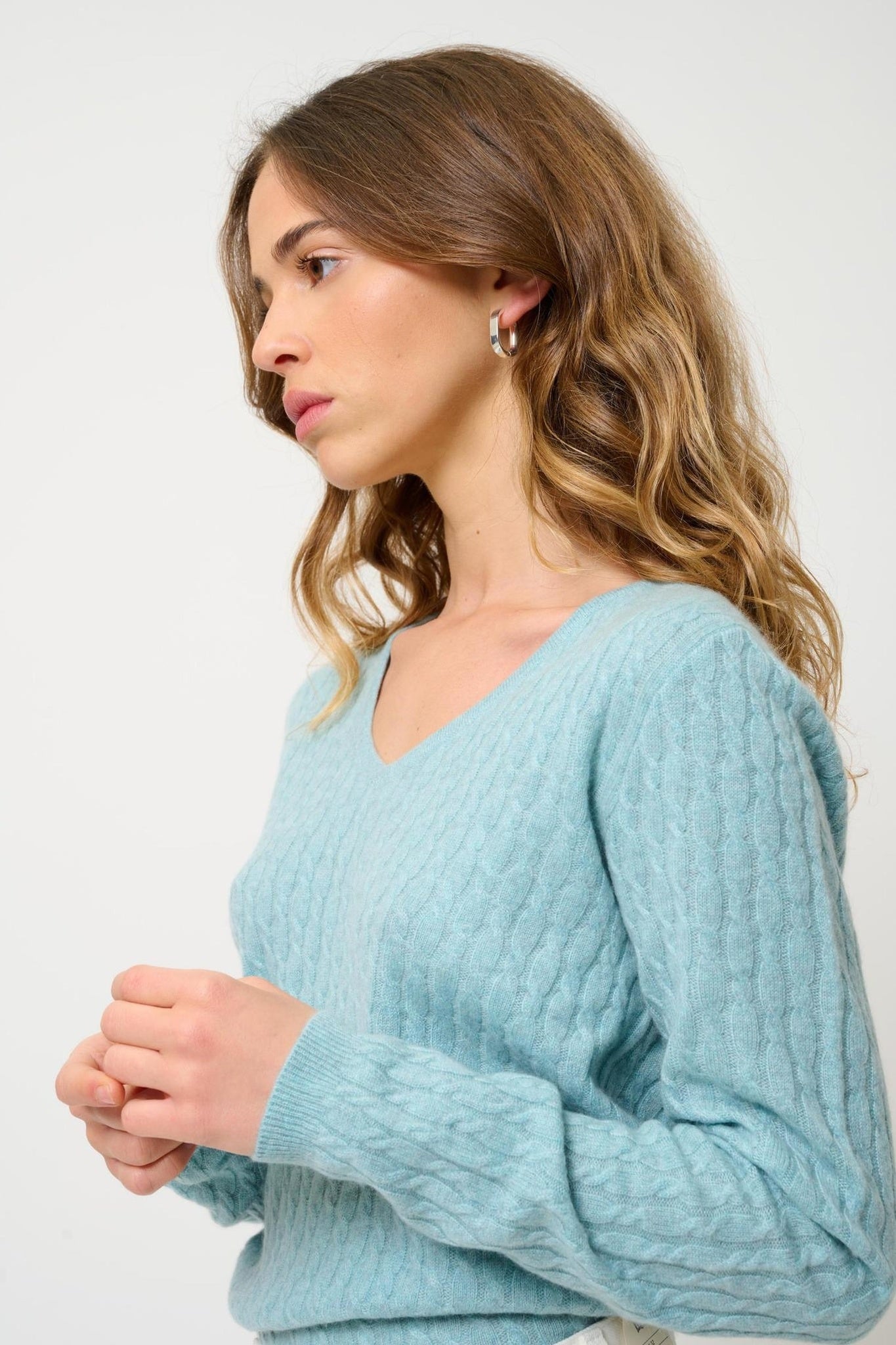 GRASMOOR Pullover mit V-Ausschnitt aqua meliert 100% Kaschmir