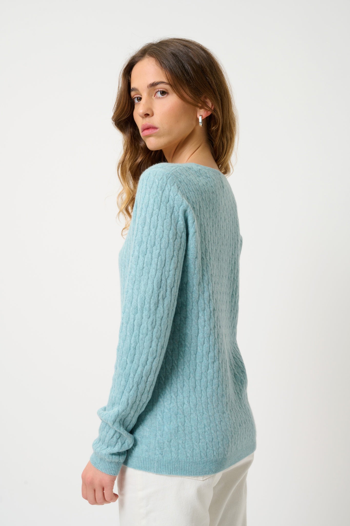 GRASMOOR pull col v aqua chiné 100% cachemire