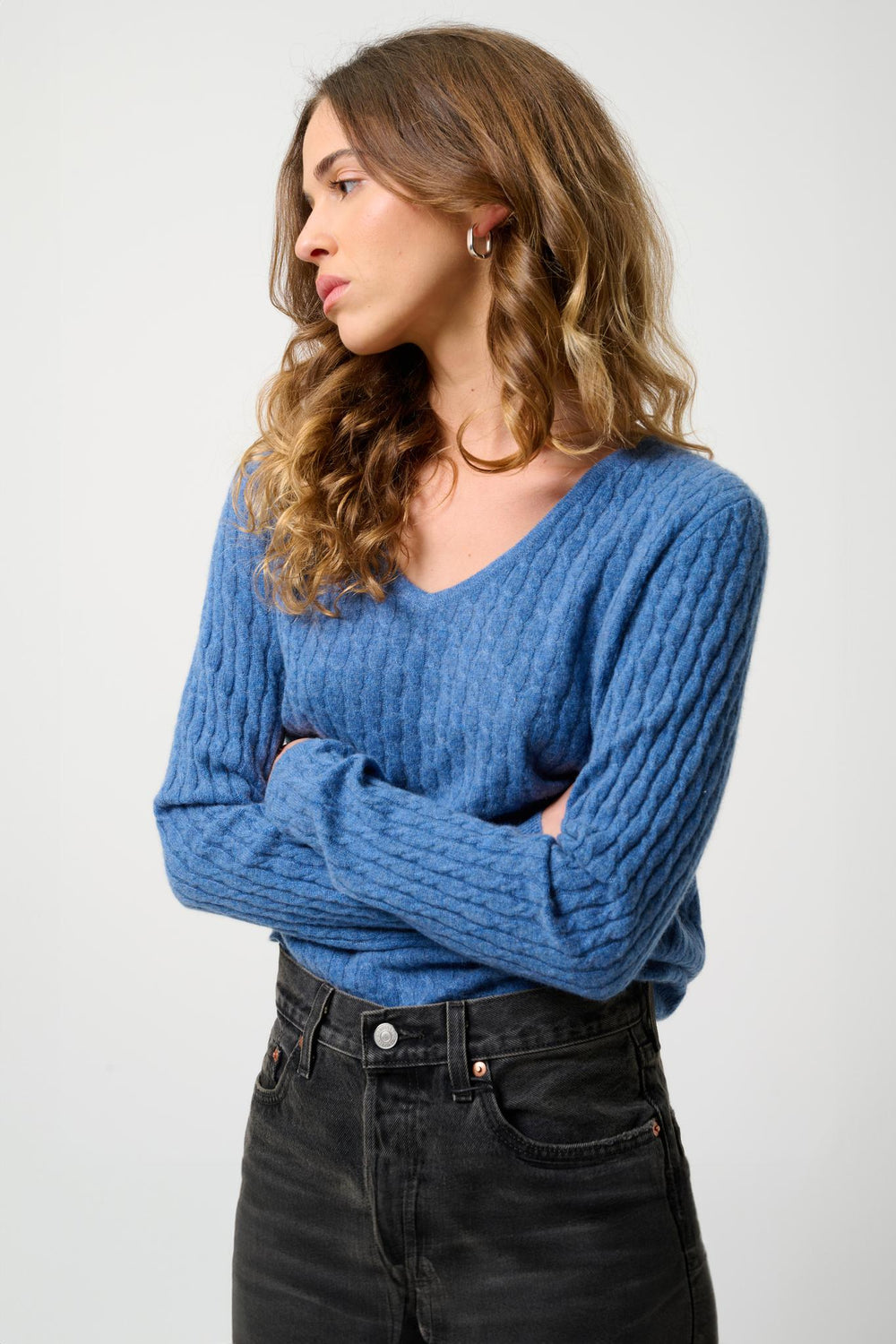 GRASMOOR Jeansblauer Pullover mit V-Ausschnitt, 100 % Kaschmir