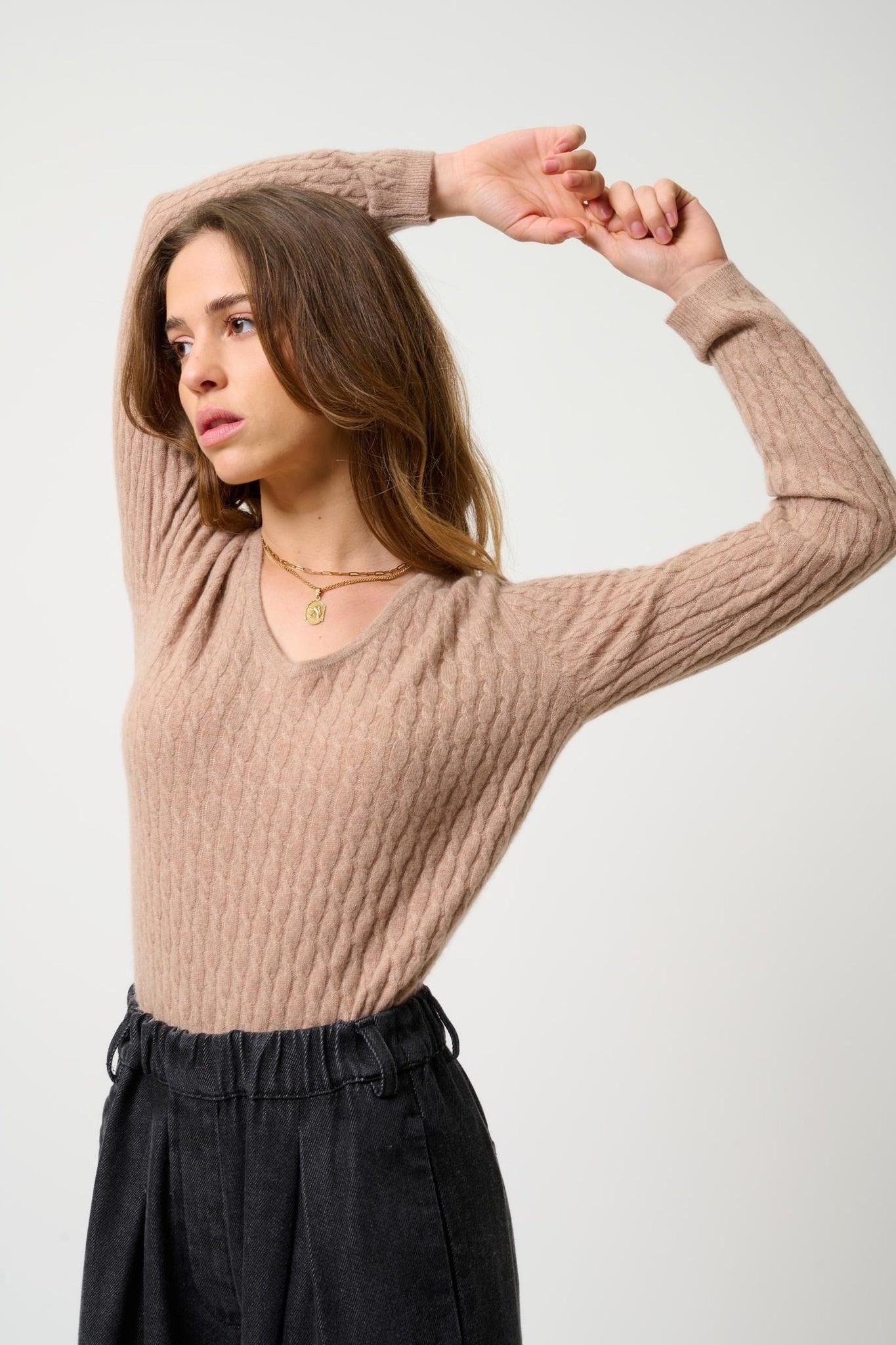 GRASMOOR Pullover mit V-Ausschnitt camel meliert 100% Kaschmir