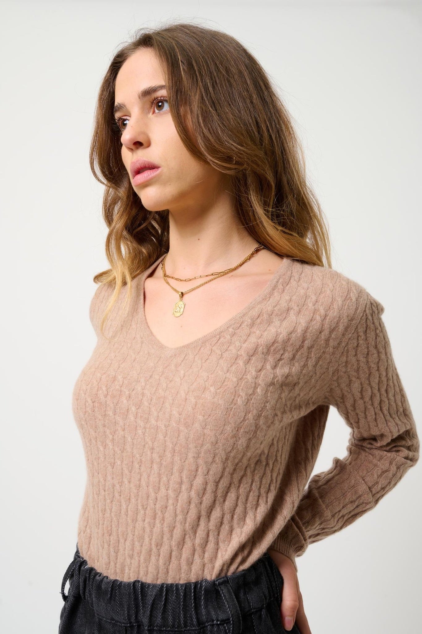 GRASMOOR Pullover mit V-Ausschnitt camel meliert 100% Kaschmir