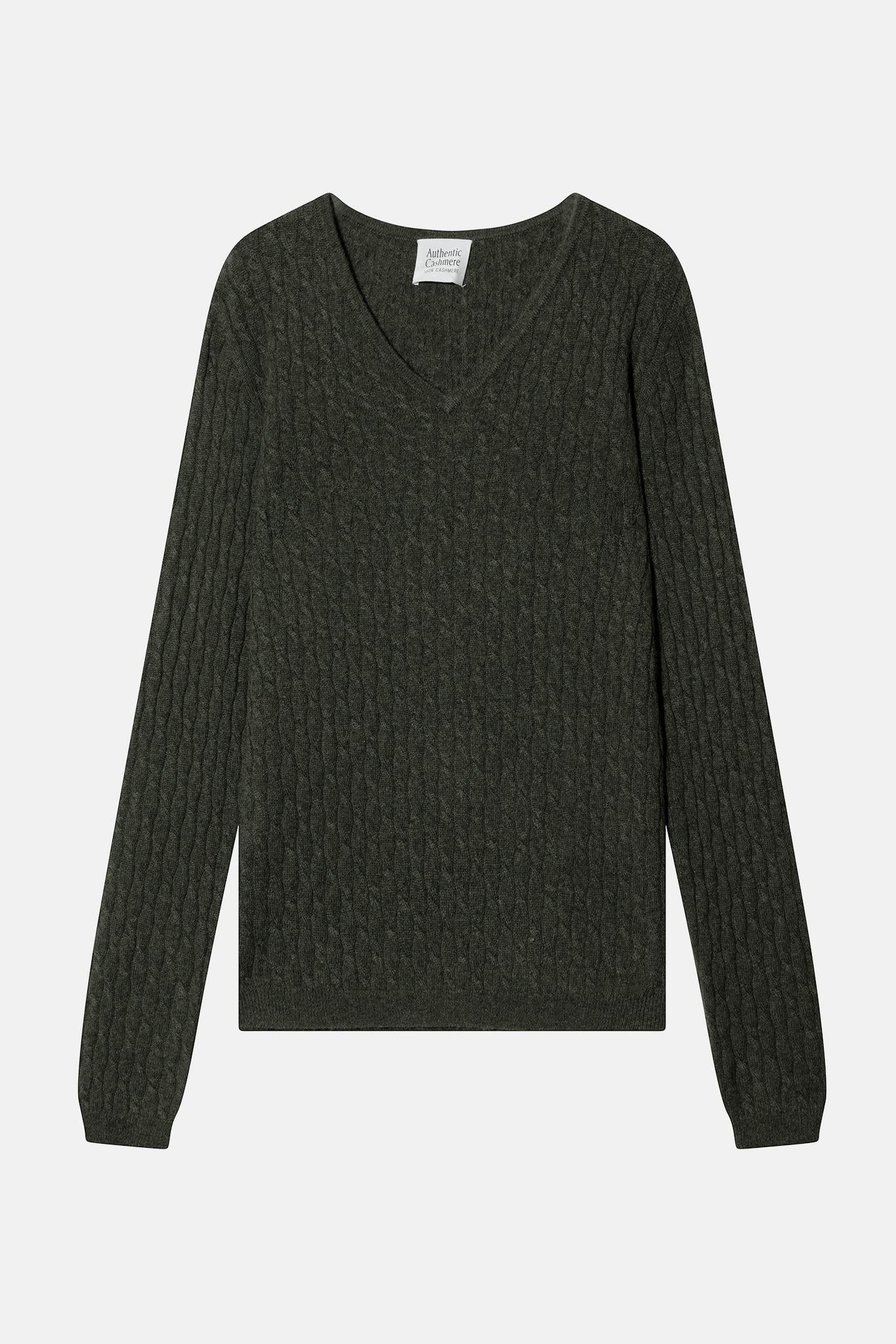 GRASMOOR Pullover mit V-Ausschnitt khaki meliert 100% Kaschmir