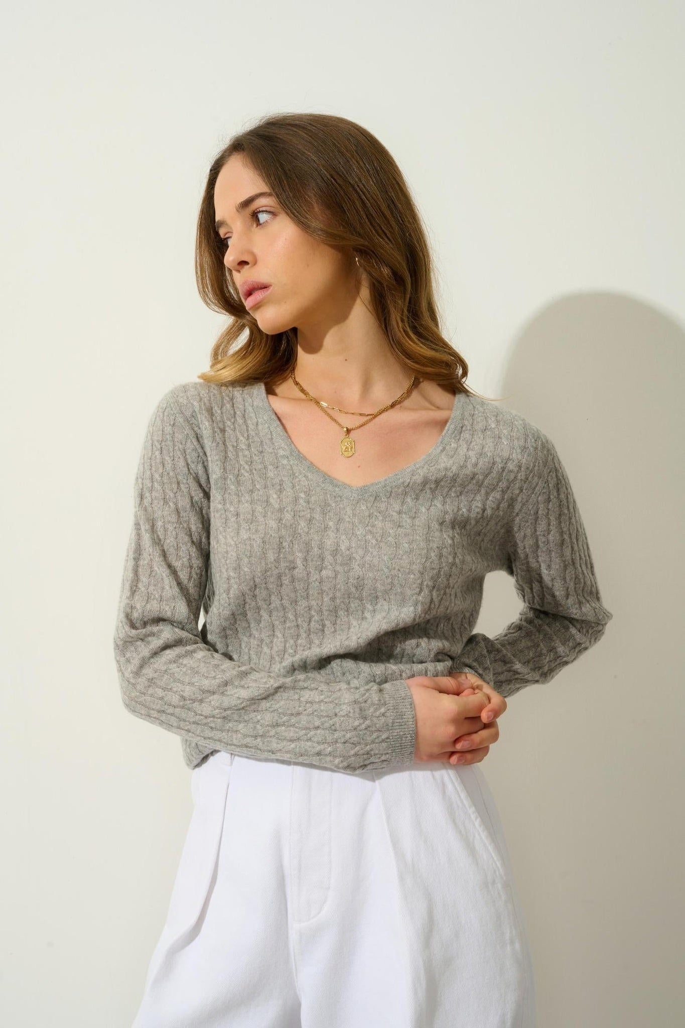 GRASMOOR Pullover mit V-Ausschnitt wolkig meliert 100% Kaschmir