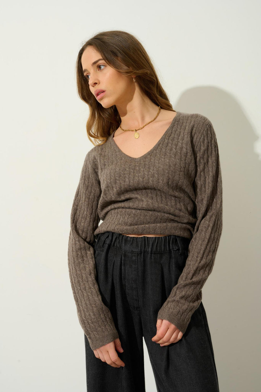 GRASMOOR Pullover mit V-Ausschnitt taupe meliert 100% Kaschmir