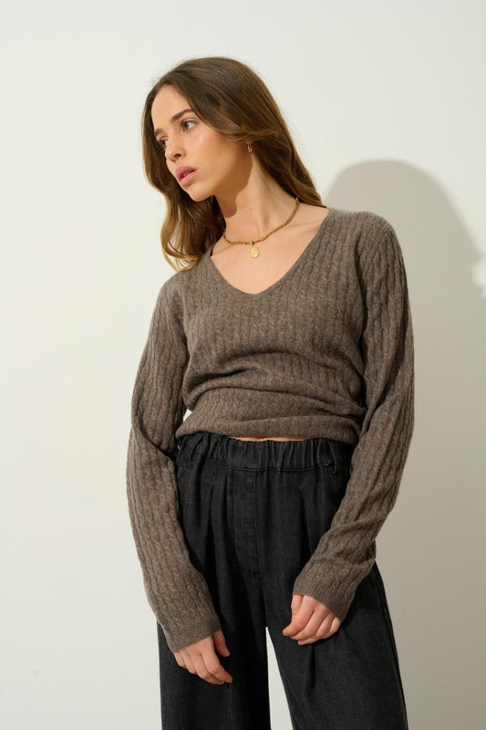 GRASMOOR taupe mottled v-neck sweater 100% cashmere