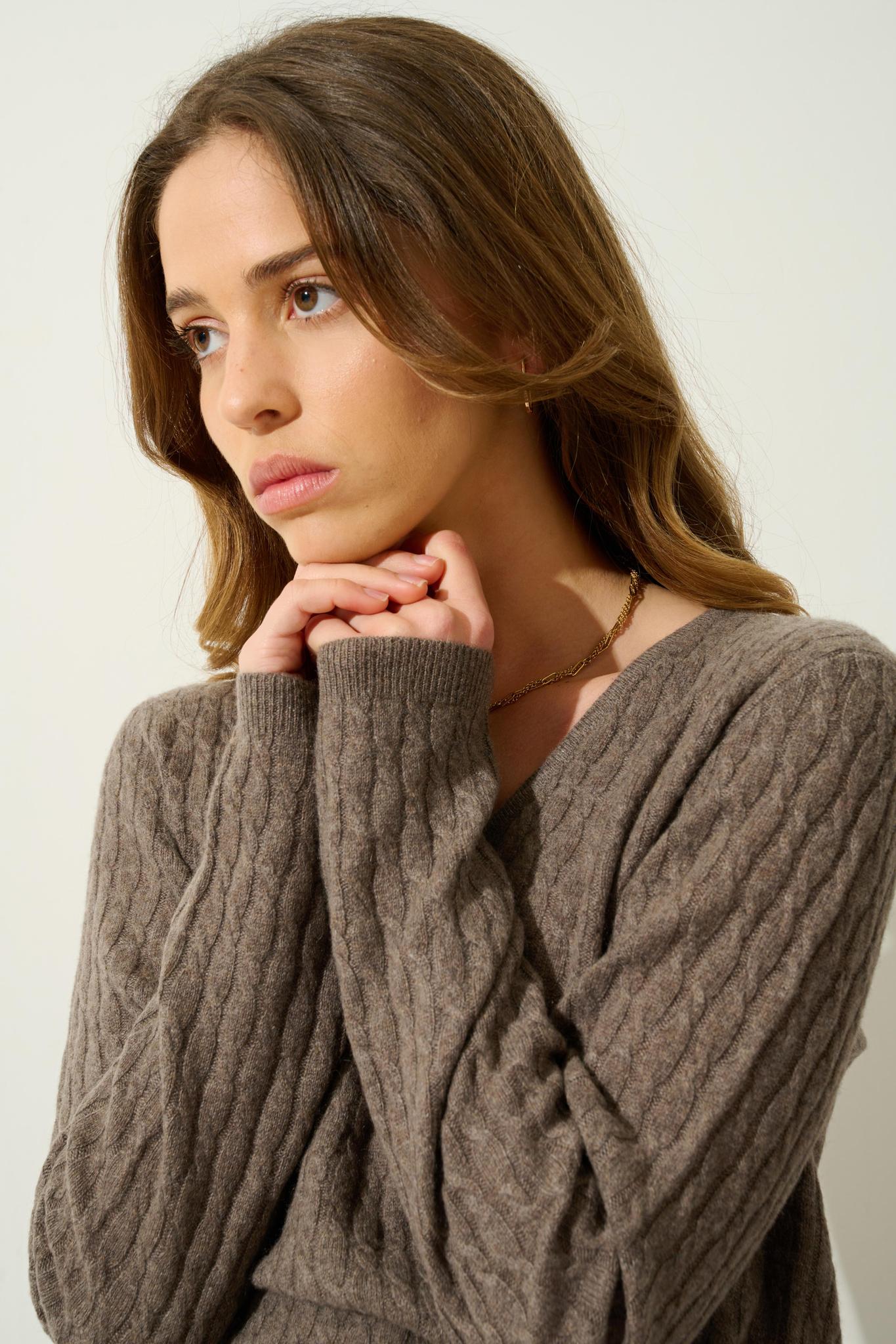 GRASMOOR Pullover mit V-Ausschnitt taupe meliert 100% Kaschmir