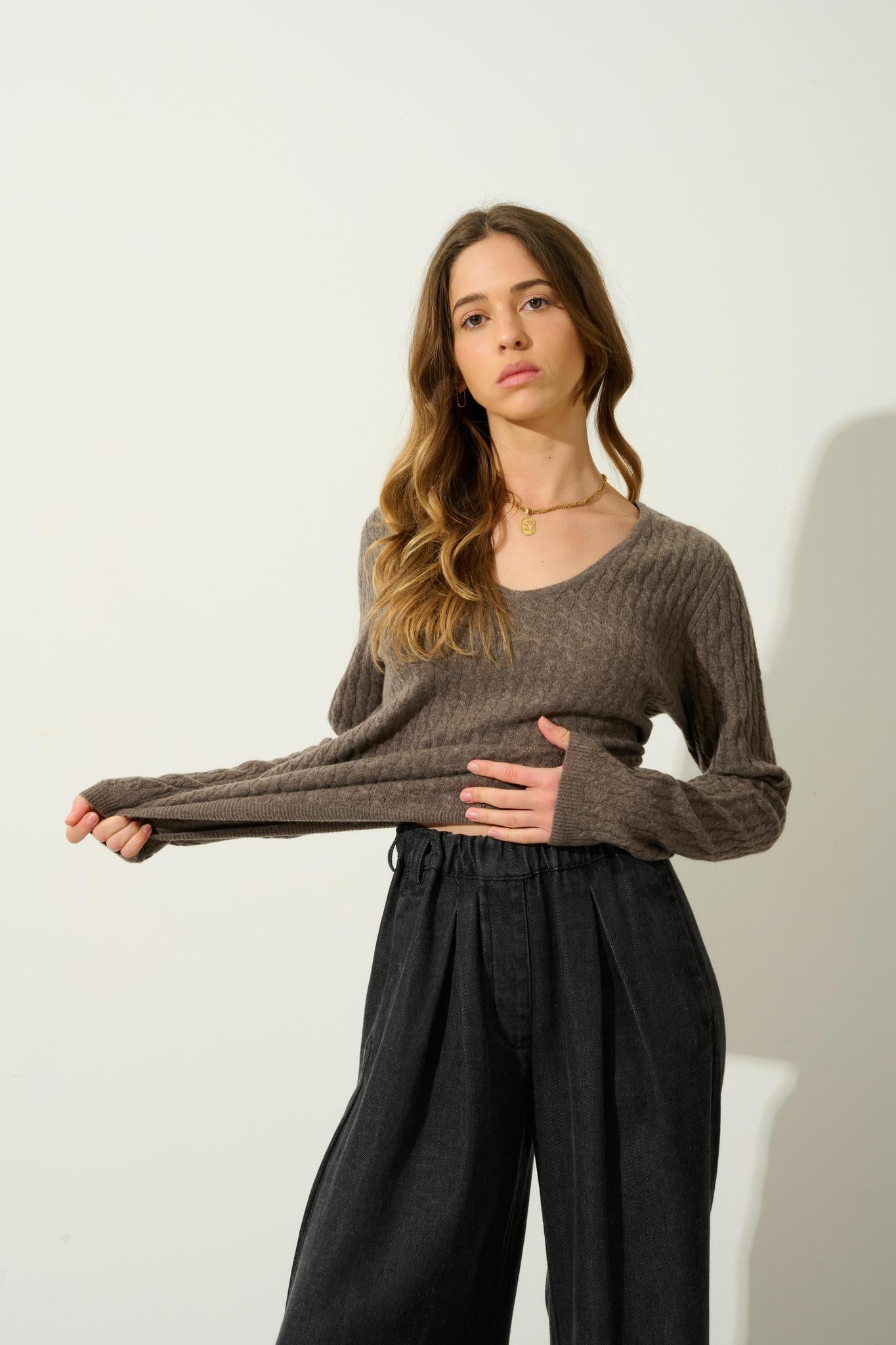 GRASMOOR Pullover mit V-Ausschnitt taupe meliert 100% Kaschmir