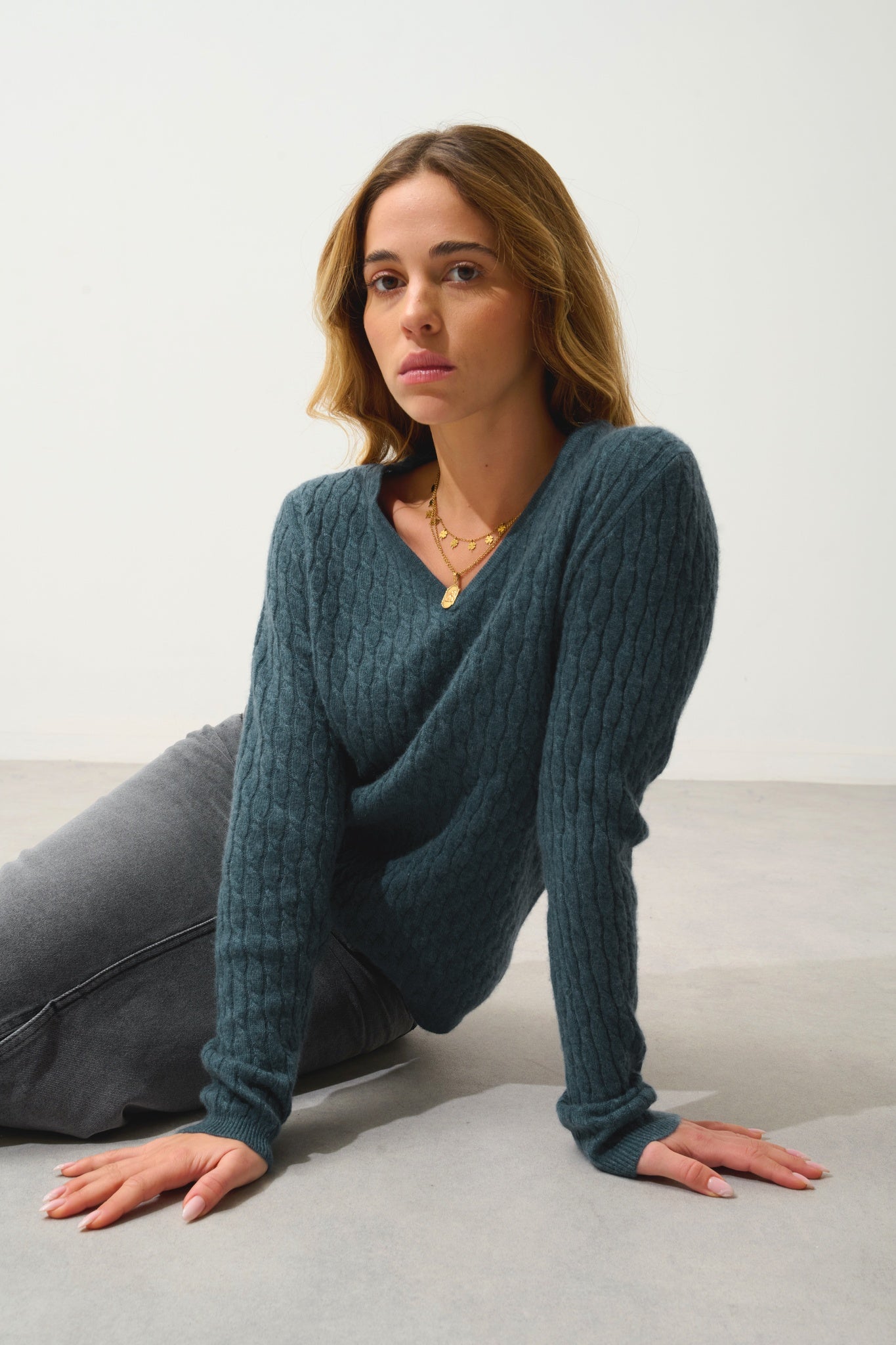 GRASMOOR duck-green mottled v-neck sweater 100% cashmere