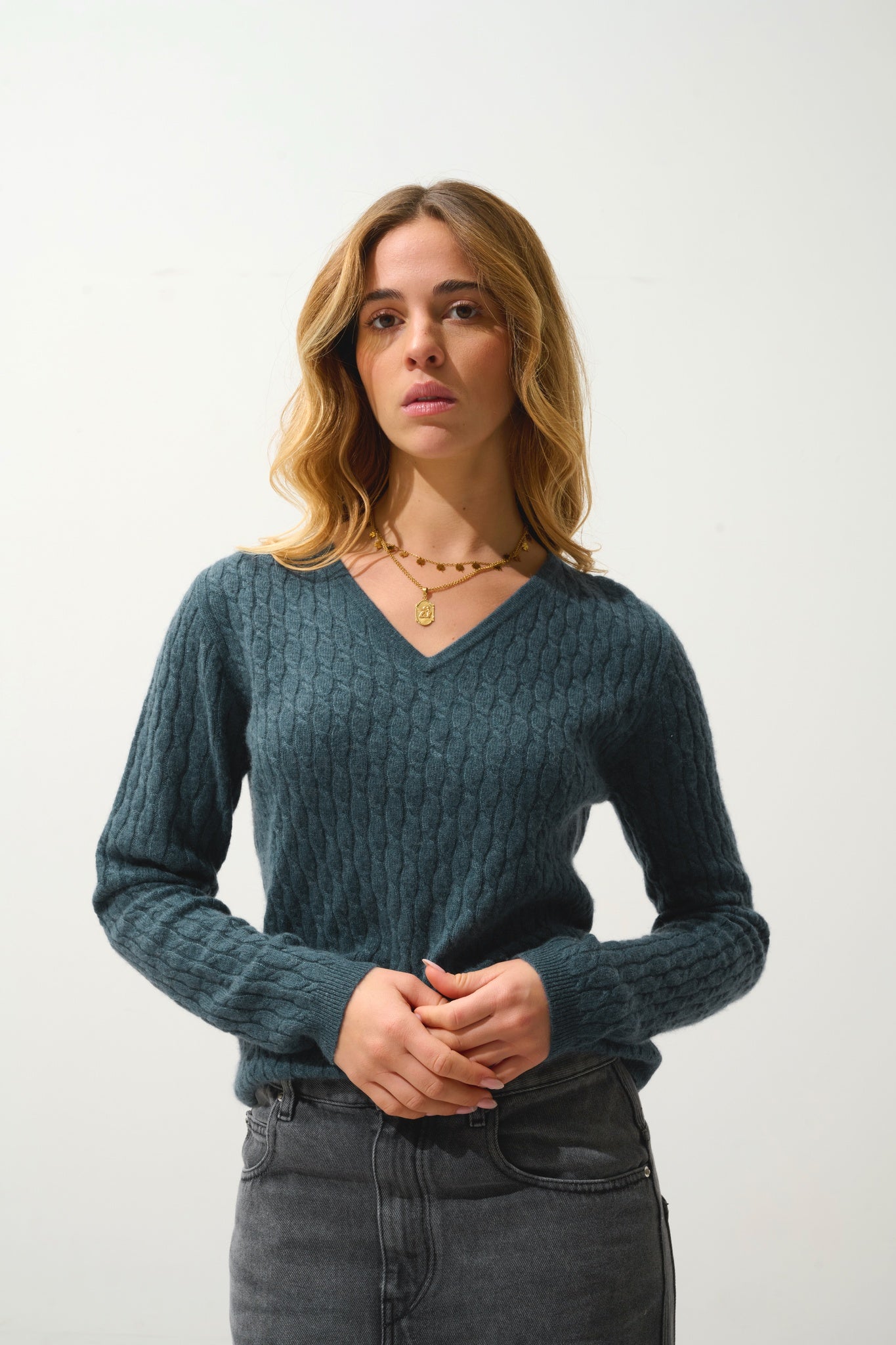 GRASMOOR duck-green mottled v-neck sweater 100% cashmere