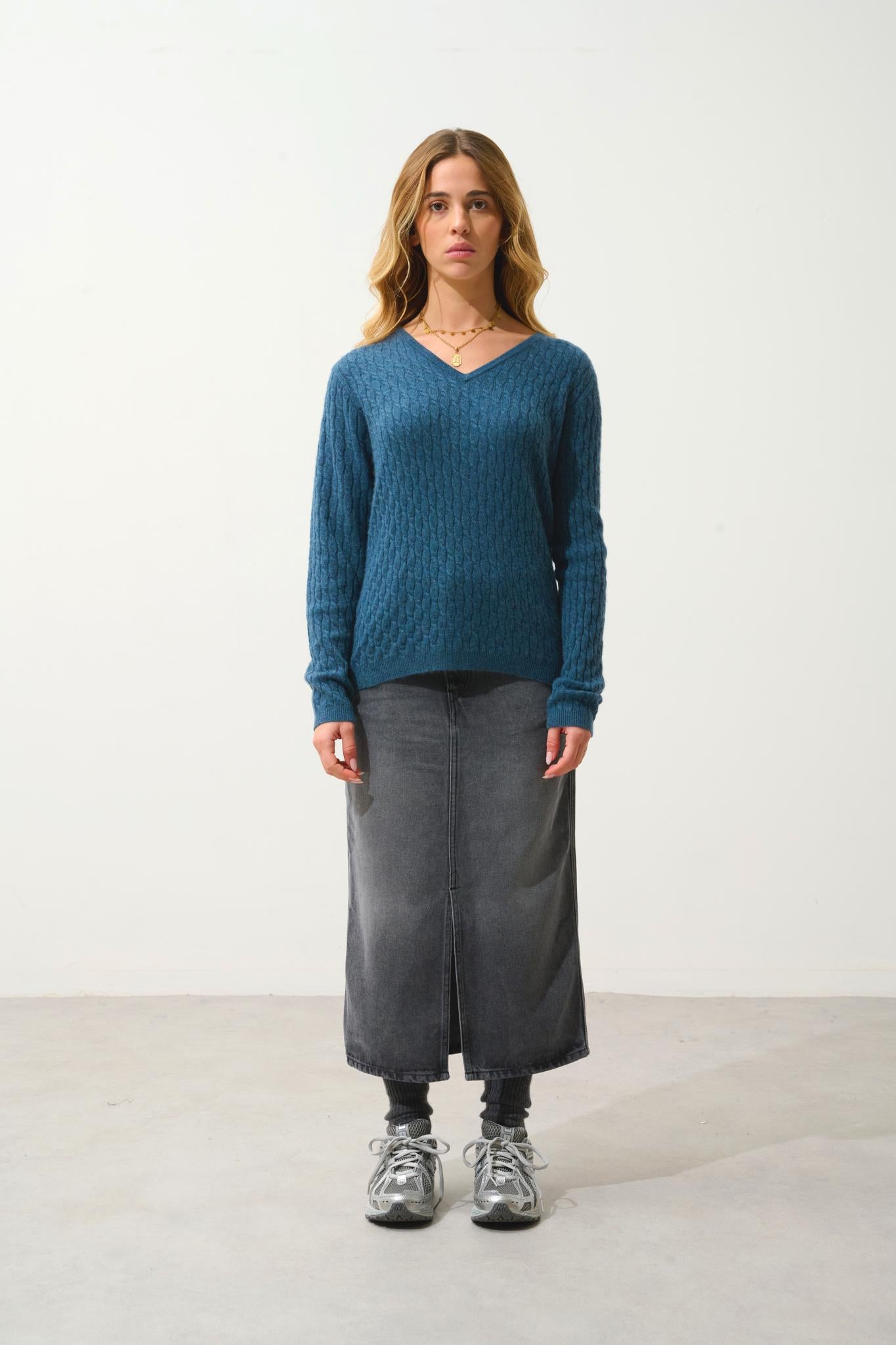 GRASMOOR pull col v vert canard chiné 100% cachemire