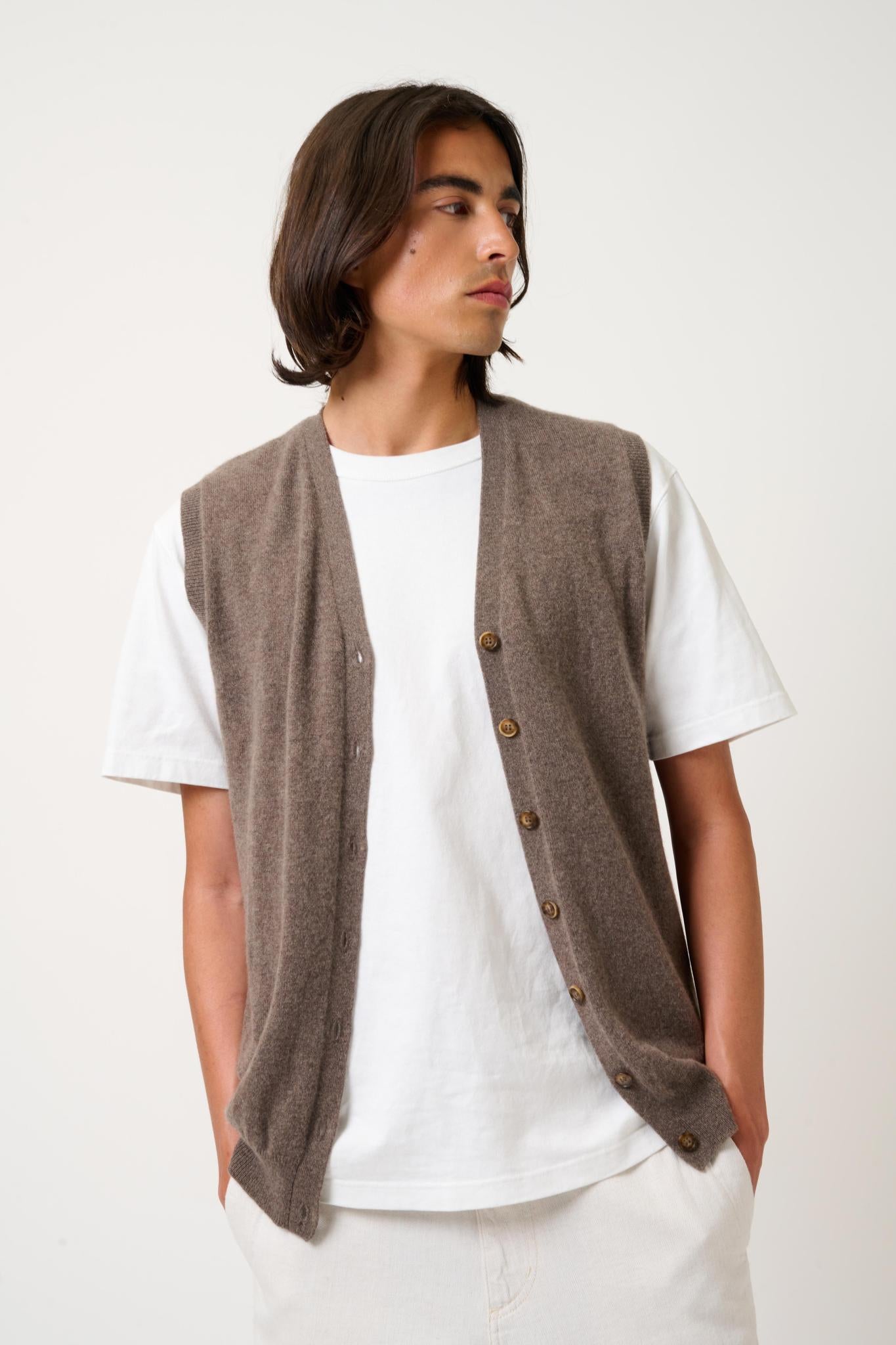 HUGO cardigan v-neck sleeveless taupe mottled 100% cashmere