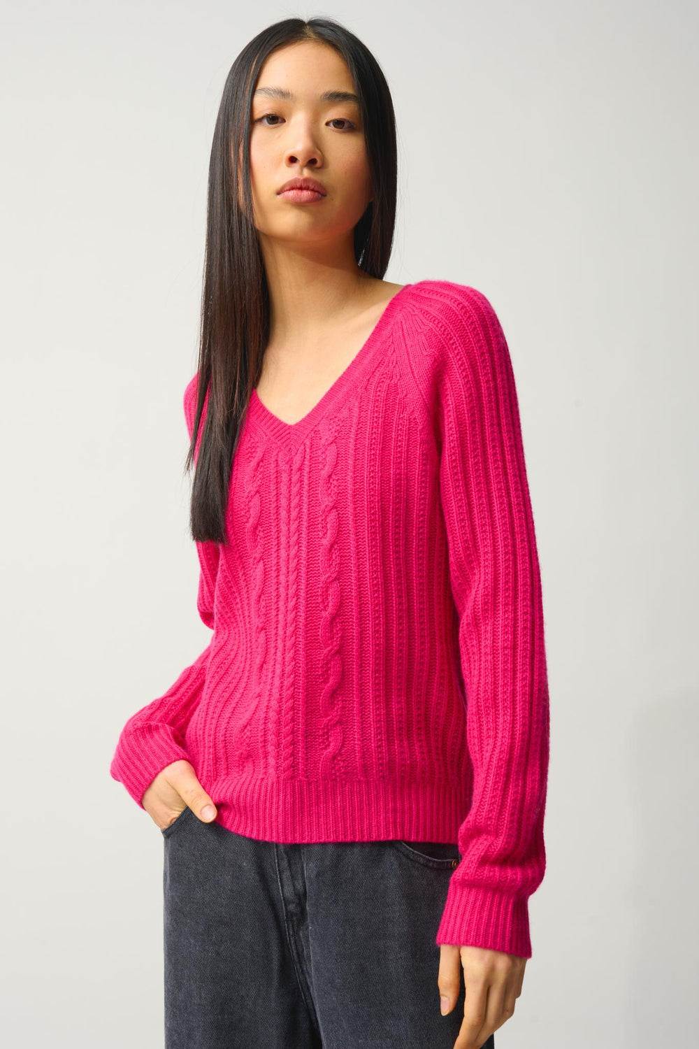 INDIRA v-neck pullover 6 threads fuchsia 100% cashmere