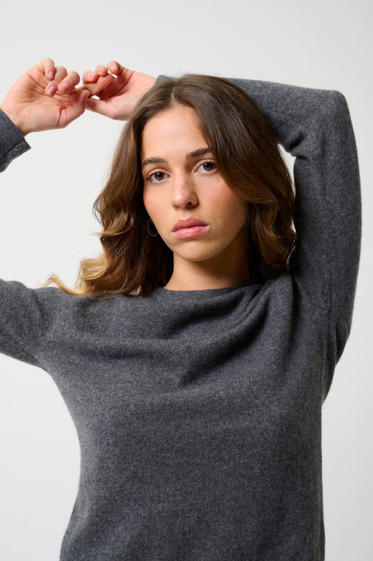 IVY 4-fädiger Rundhalspullover in Anthrazit meliert, 100% Kaschmir