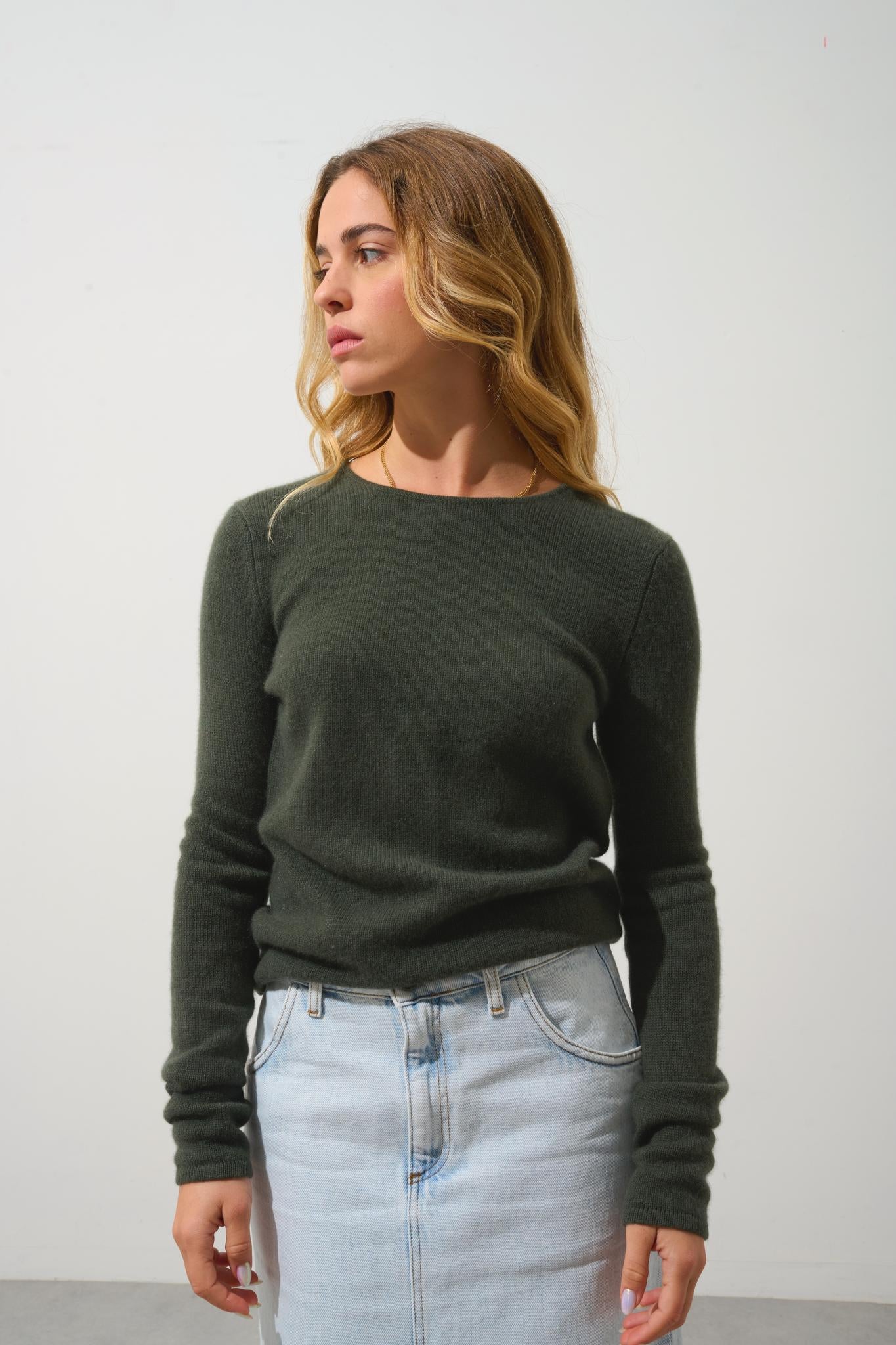 IVY pull col rond 4 fils kaki 100% cachemire