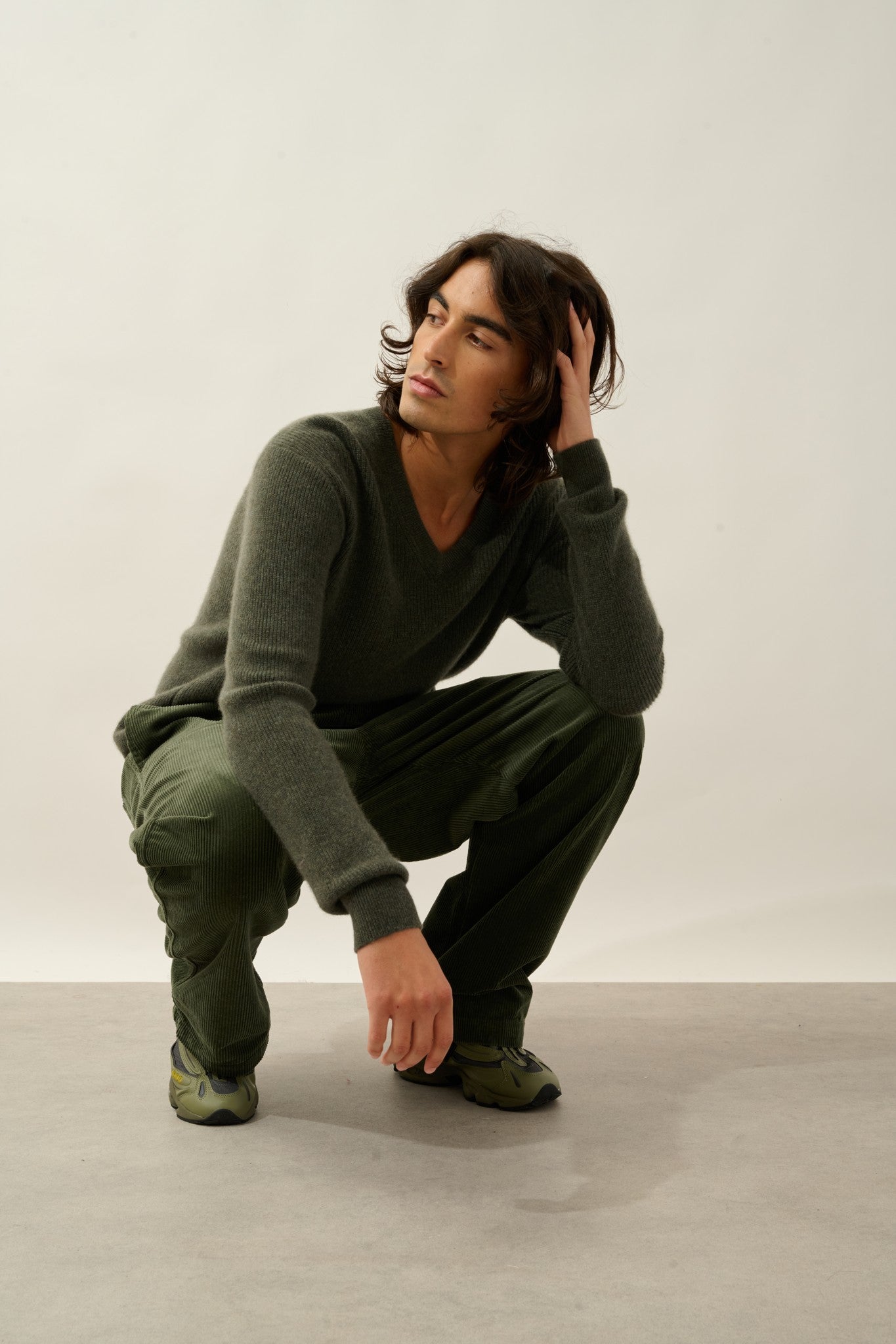 jardon pull col v kaki chiné 100% cachemire