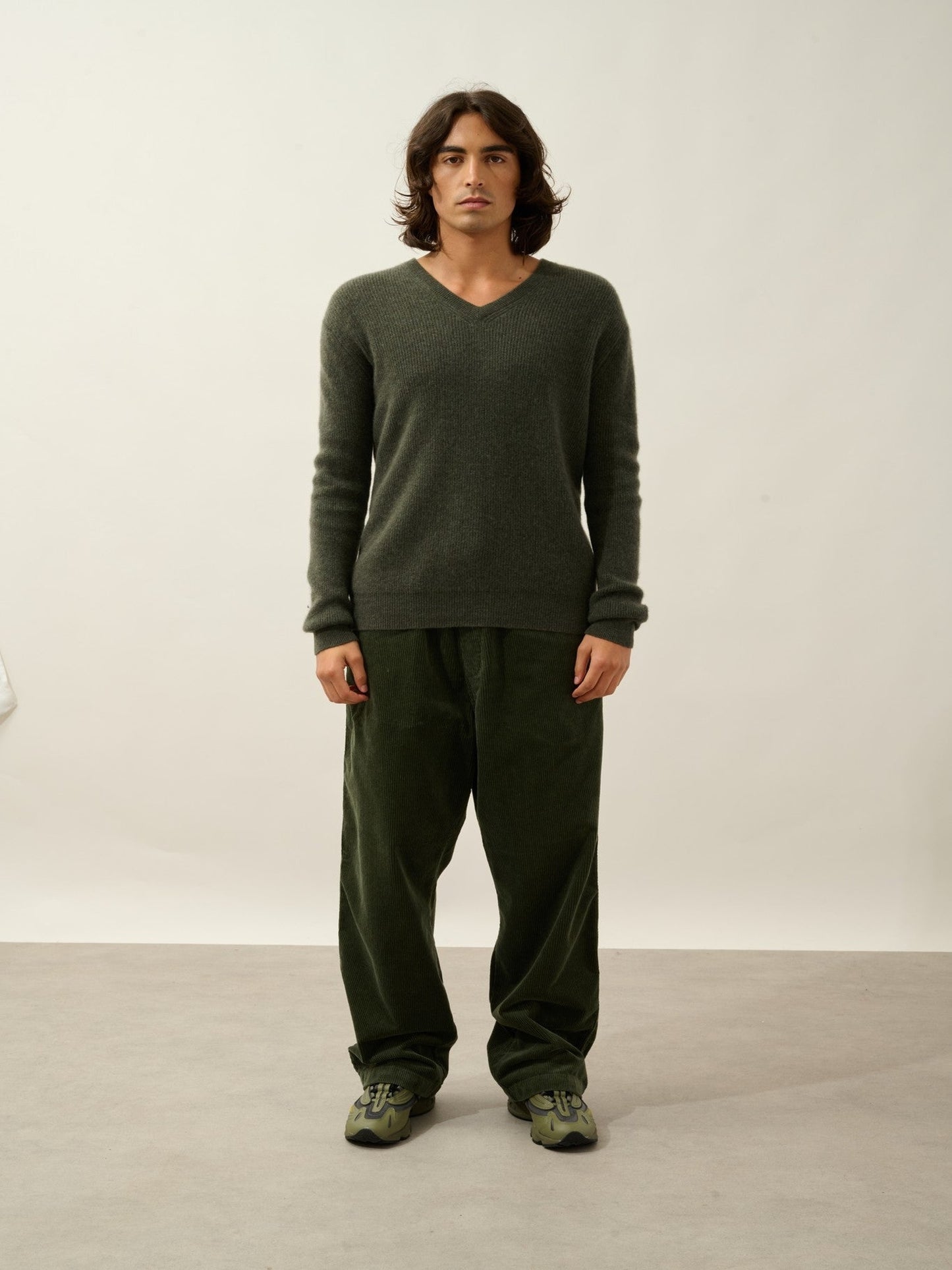 jardon pull col v kaki chiné 100% cachemire