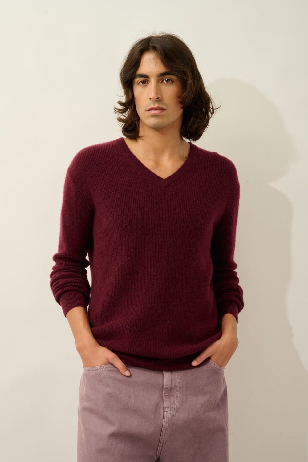 jardon pull col v mûre 100% cachemire