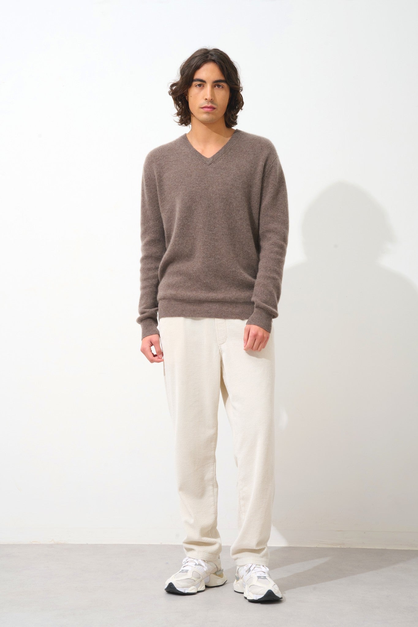 jardon pull col v taupe chiné 100% cachemire