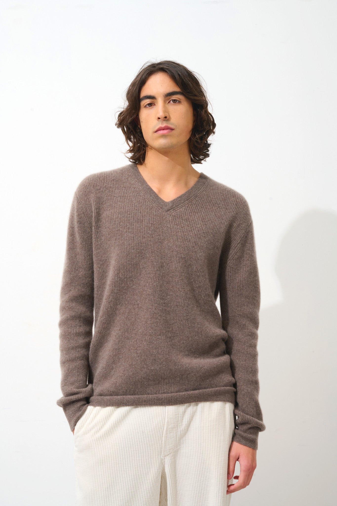 jardon pull col v taupe chiné 100% cachemire