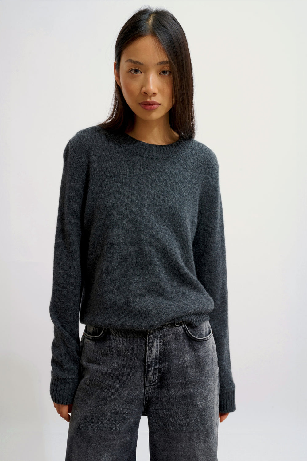 JETSAN Pullover mit Rundhalsausschnitt 4 Fäden Karbon meliert 100% Kaschmir