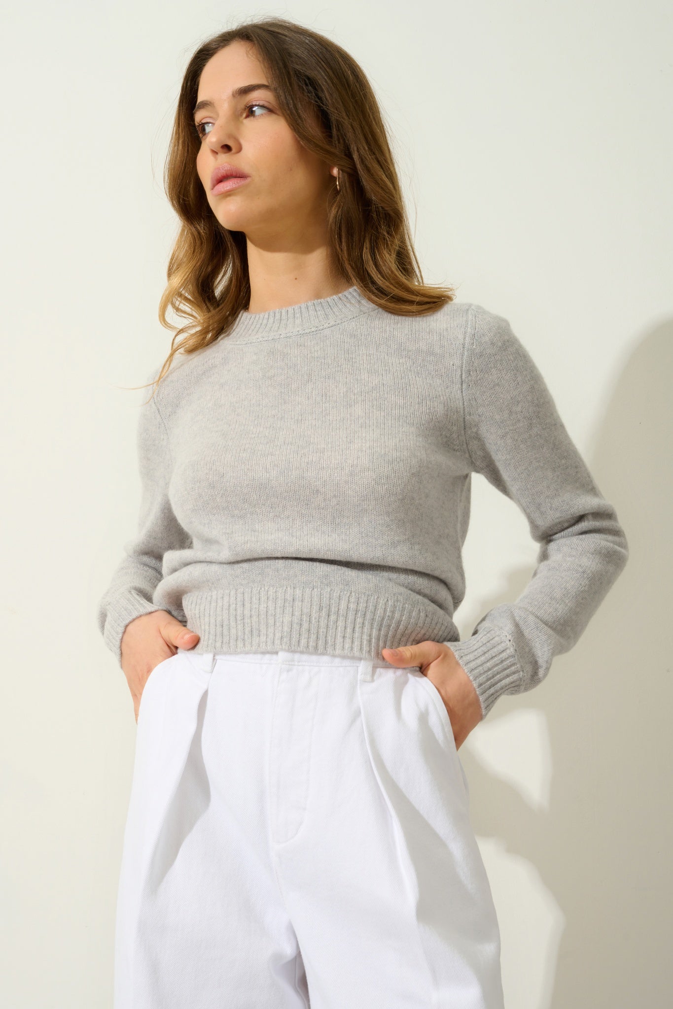 JETSAN 4-fädiger hellgrau meliert Rundhalspullover 100% Kaschmir