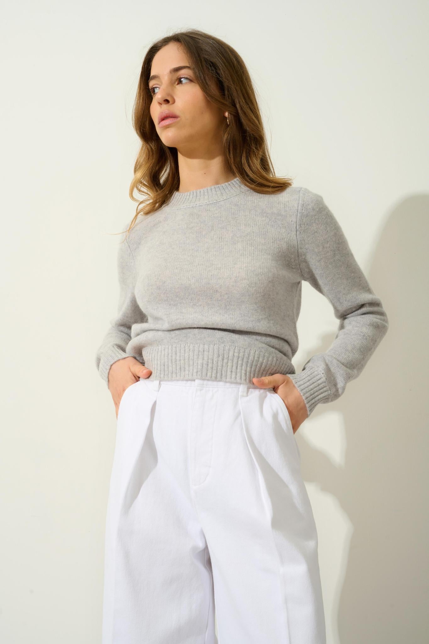 JETSAN pull col rond 4 fils gris clair chiné 100% cachemire