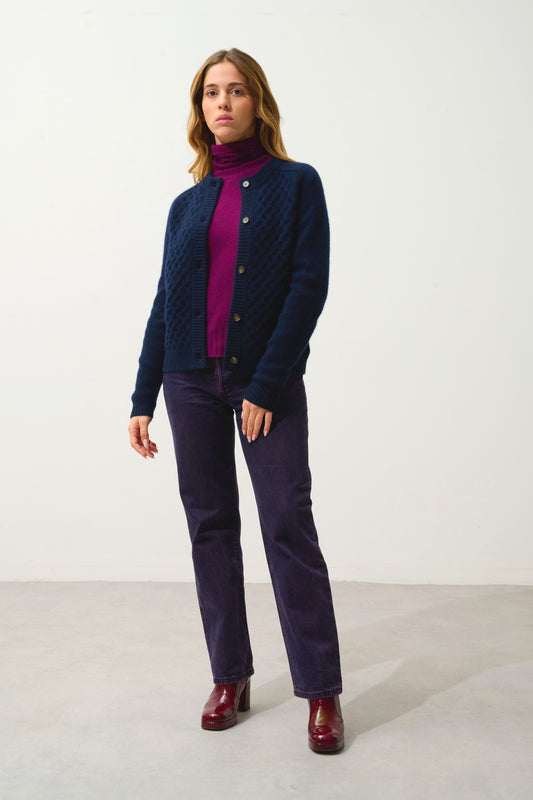JINPA cardigan col rond 8 fils navy 100% cachemire