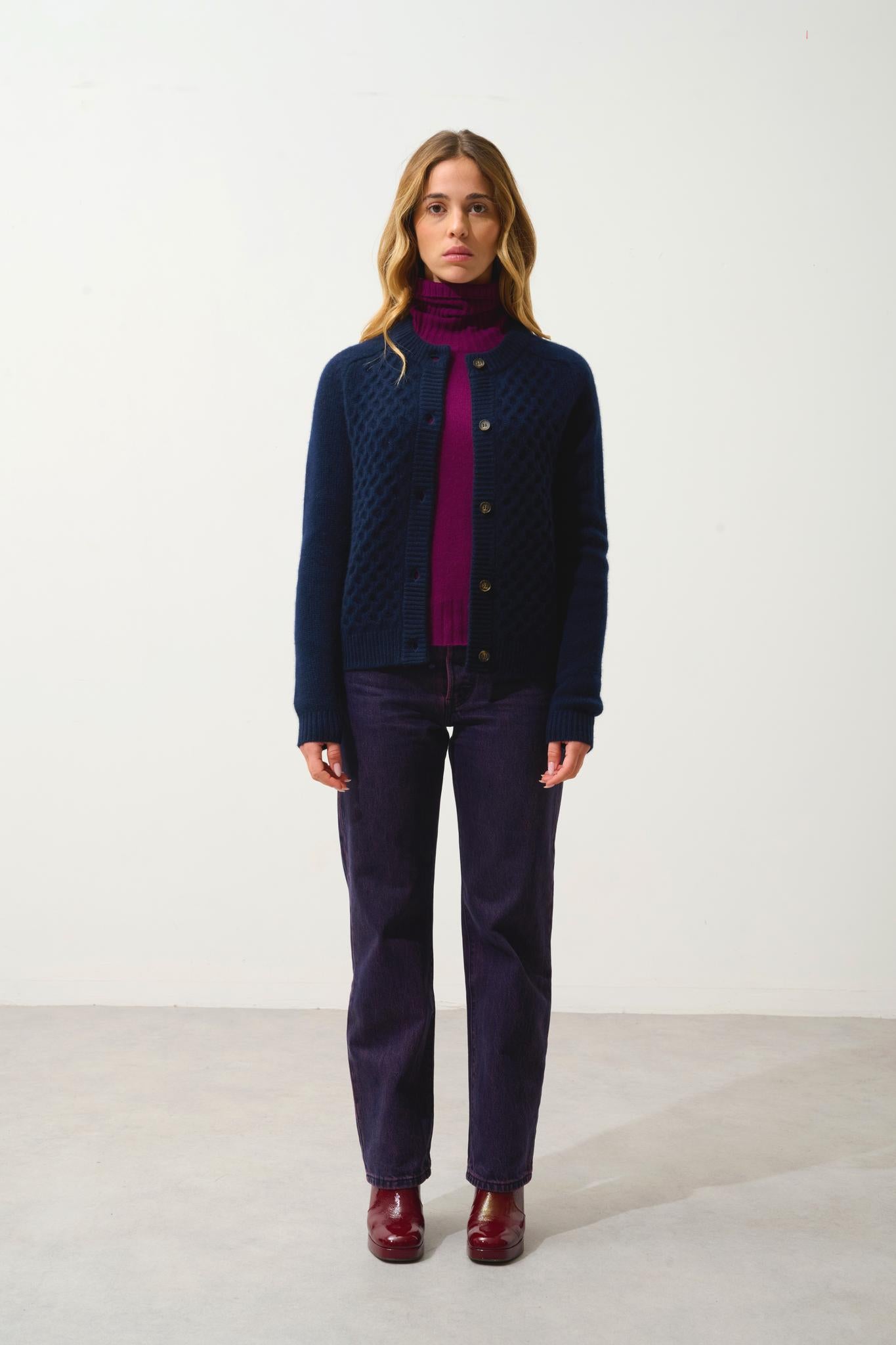 JINPA cardigan col rond 8 fils navy 100% cachemire