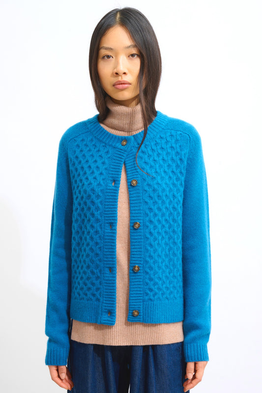 jinpa cardigan col rond 8 fils paon 100% cachemire