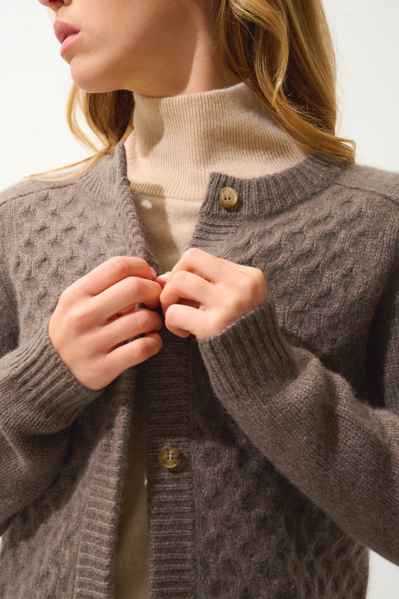 JINPA 8-thread taupe mottled round-neck cardigan 100% cashmere