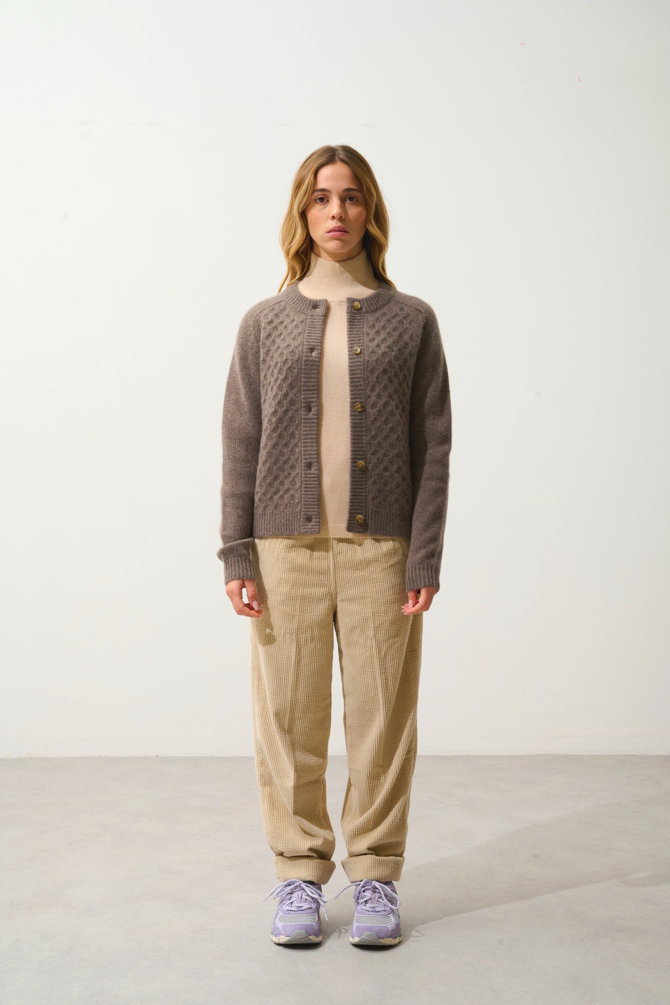 JINPA 8-thread taupe mottled round-neck cardigan 100% cashmere