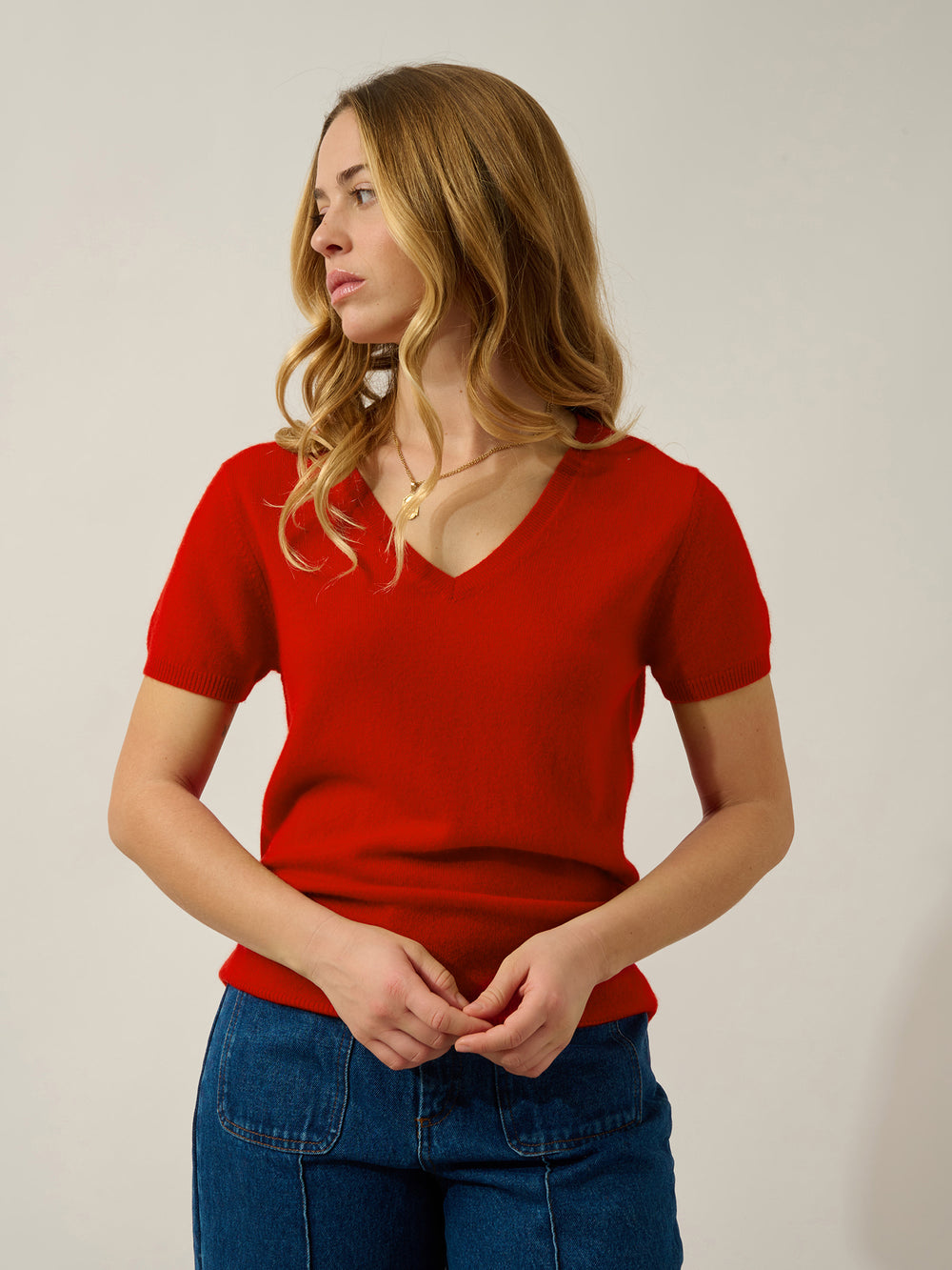 KALI t-shirt col v tomate 100% cachemire