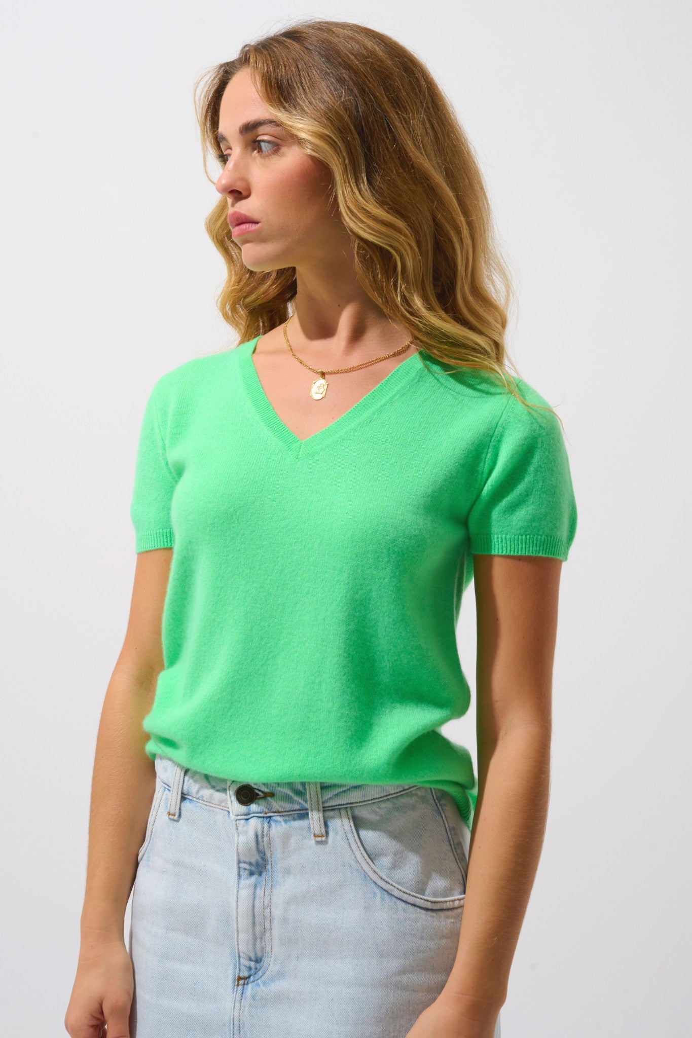 kali t-shirt col v vert cactus 100% cachemire