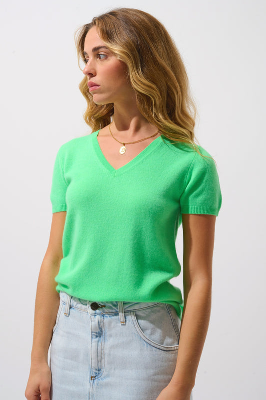 KALI t-shirt col v vert cactus 100% cachemire
