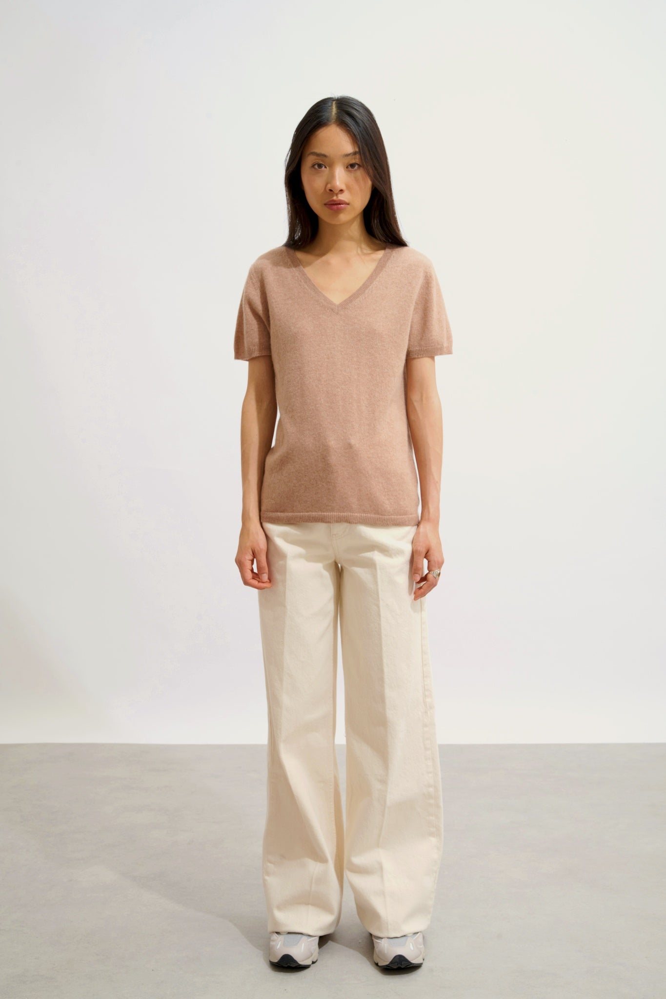 KALI thirt col v camel chiné 100% cachemire