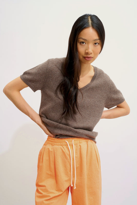 KALI thirt col v taupe chiné 100% cachemire