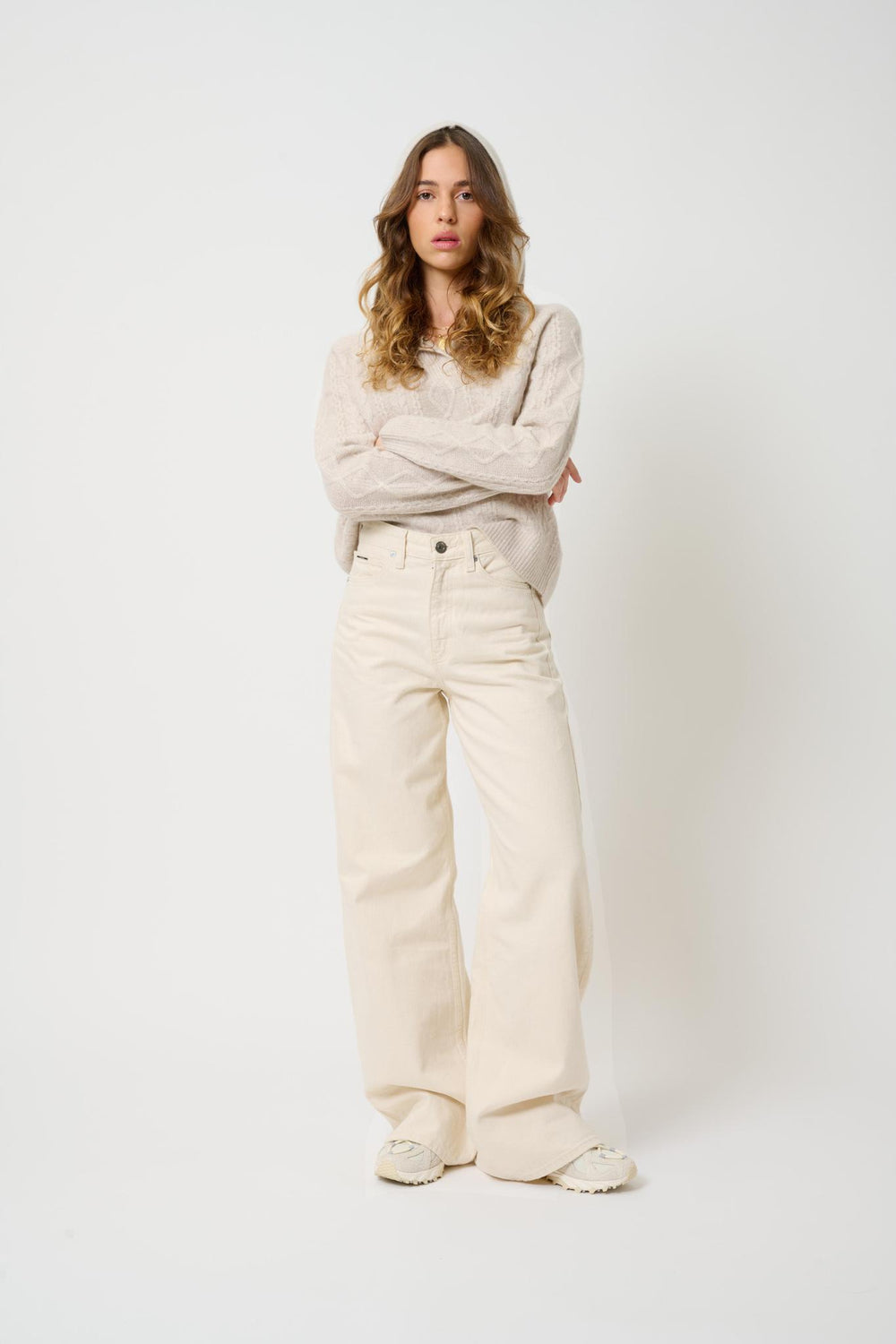 KHANDRO 6-thread beige mottled hooded sweater 100% cashmere