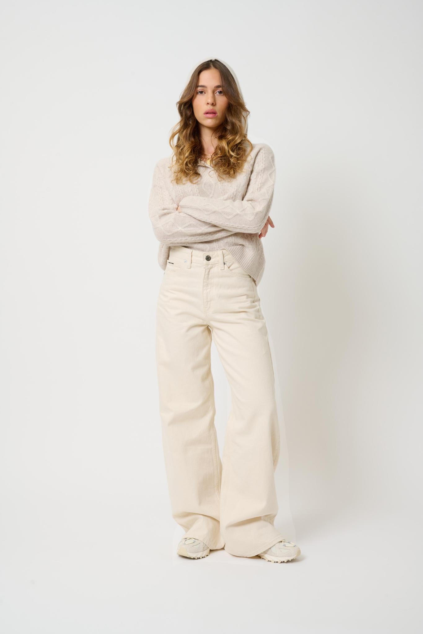 KHANDRO 6-thread beige mottled hooded sweater 100% cashmere