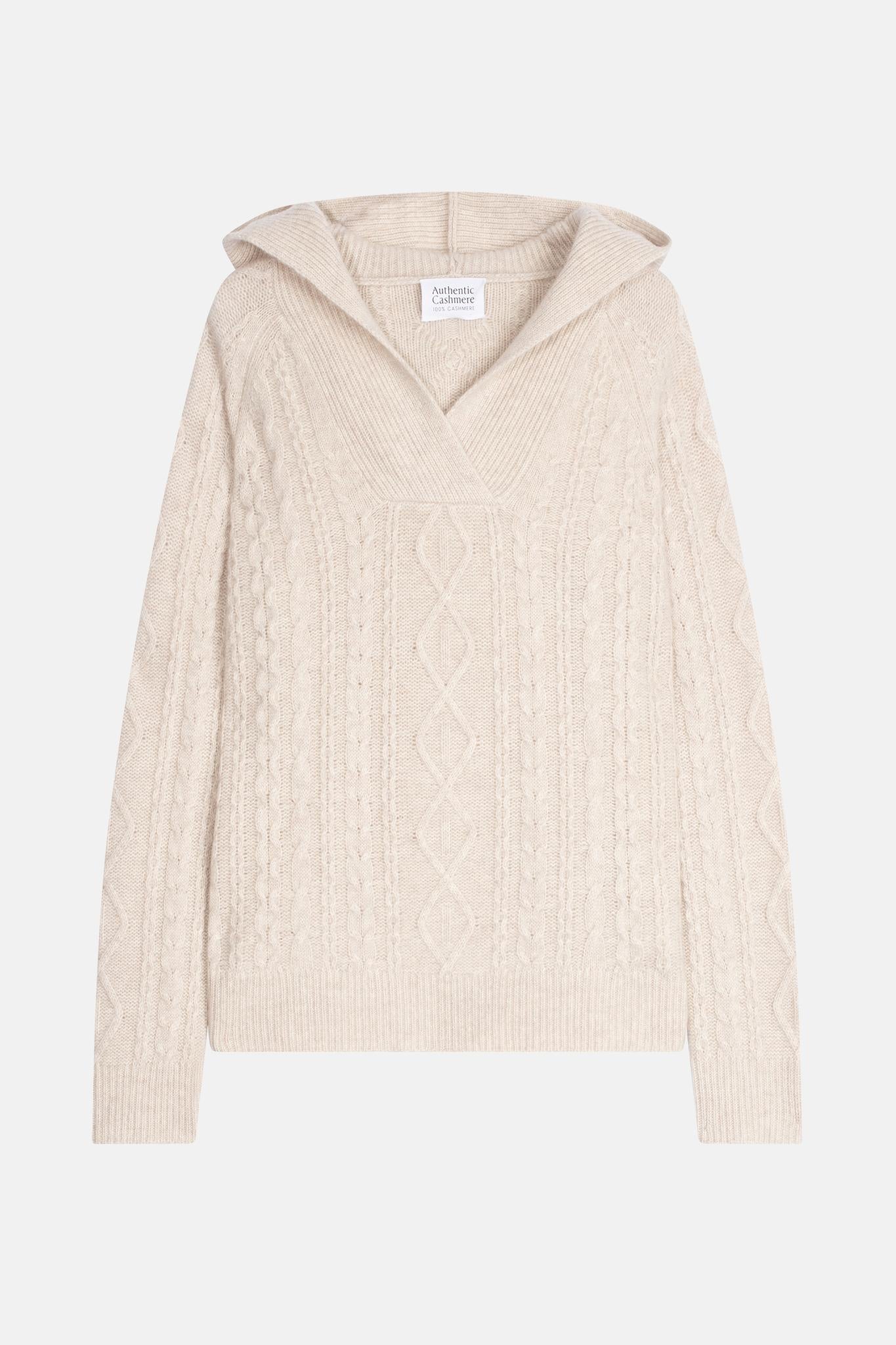 KHANDRO 6-thread beige mottled hooded sweater 100% cashmere