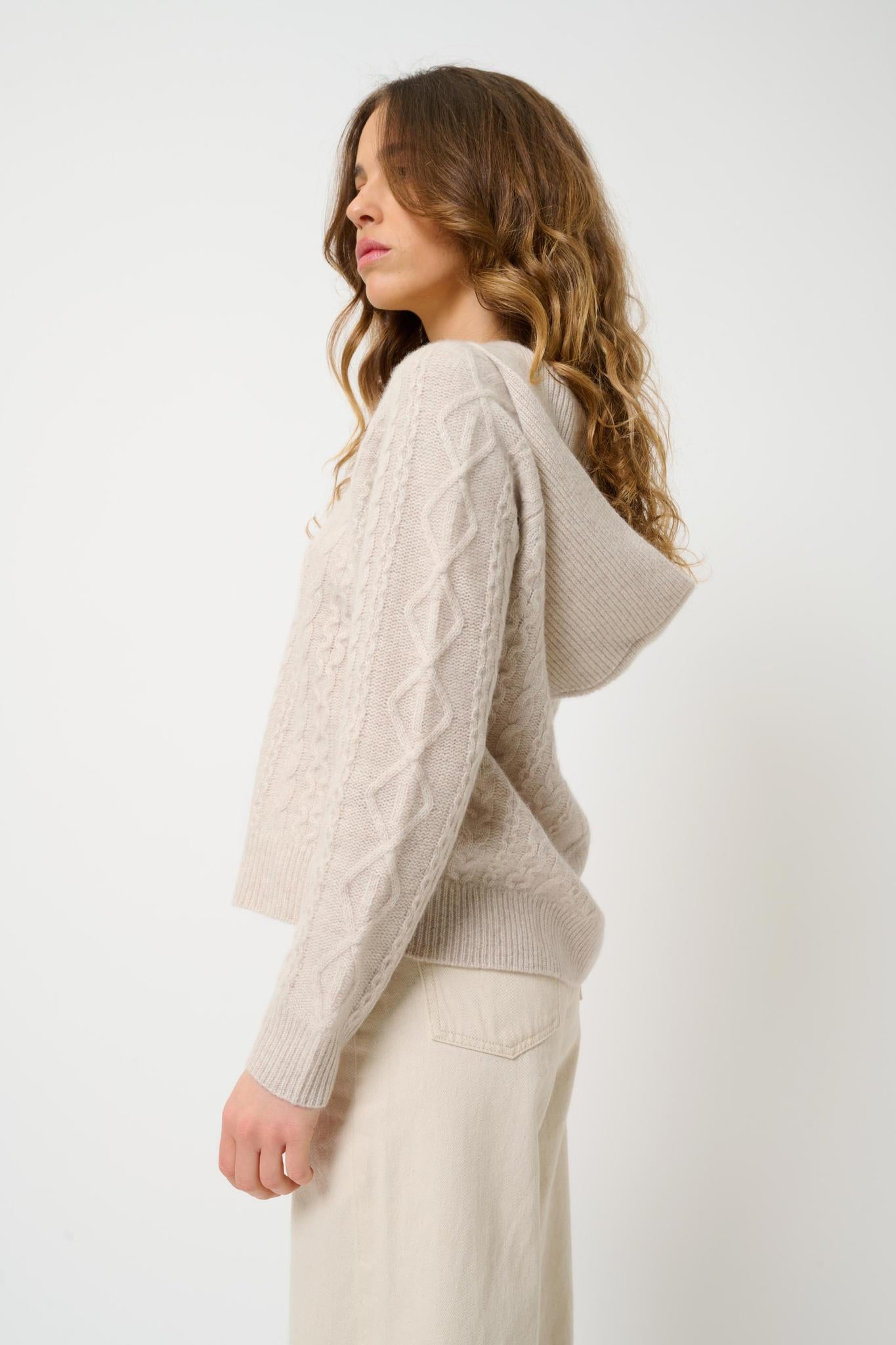 KHANDRO 6-thread beige mottled hooded sweater 100% cashmere