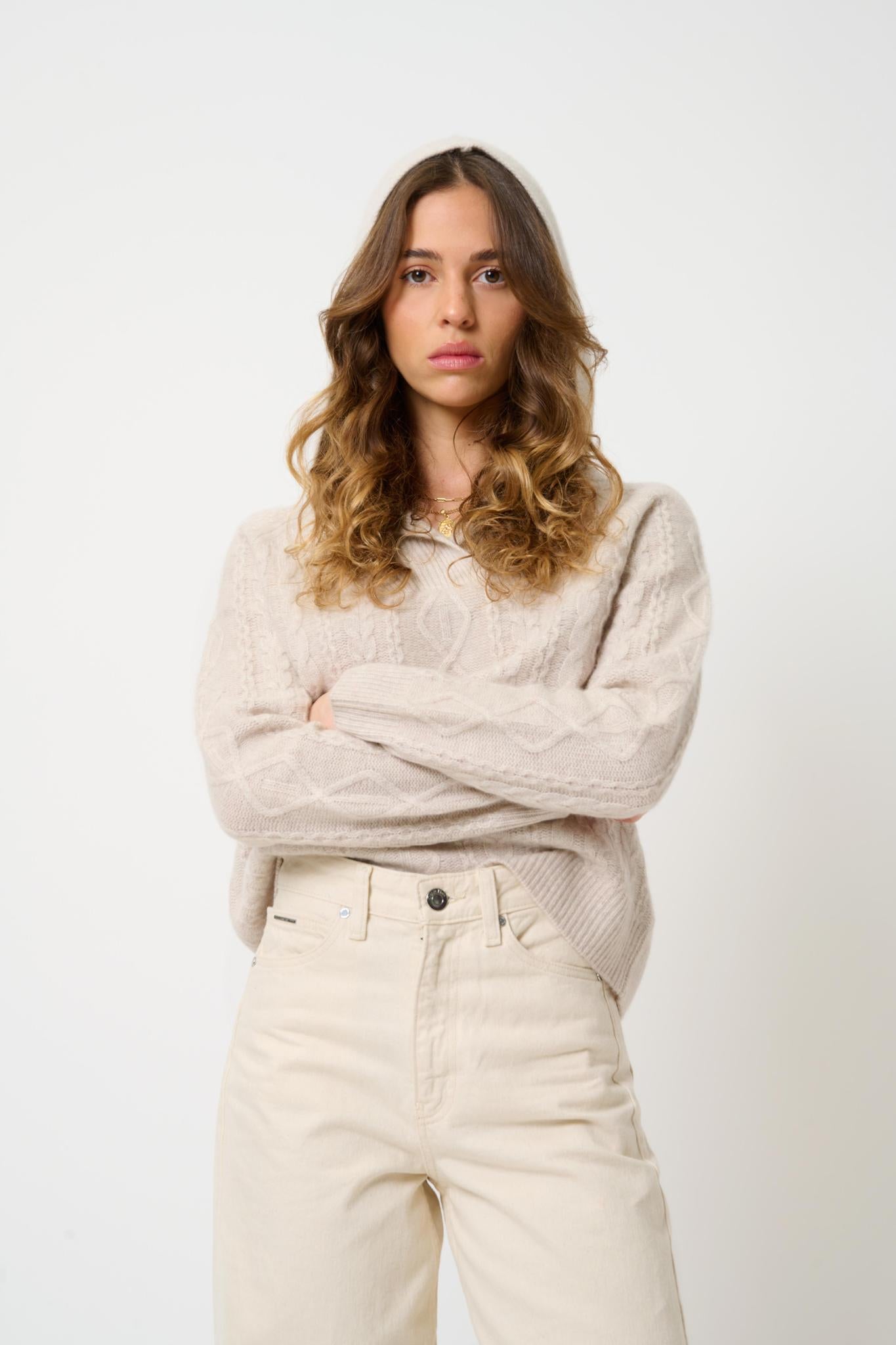 KHANDRO 6-thread beige mottled hooded sweater 100% cashmere