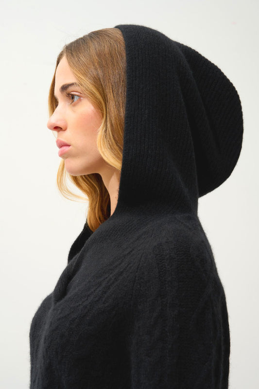 KHANDRO Kapuzenpullover 6 Fäden schwarz 100% Kaschmir