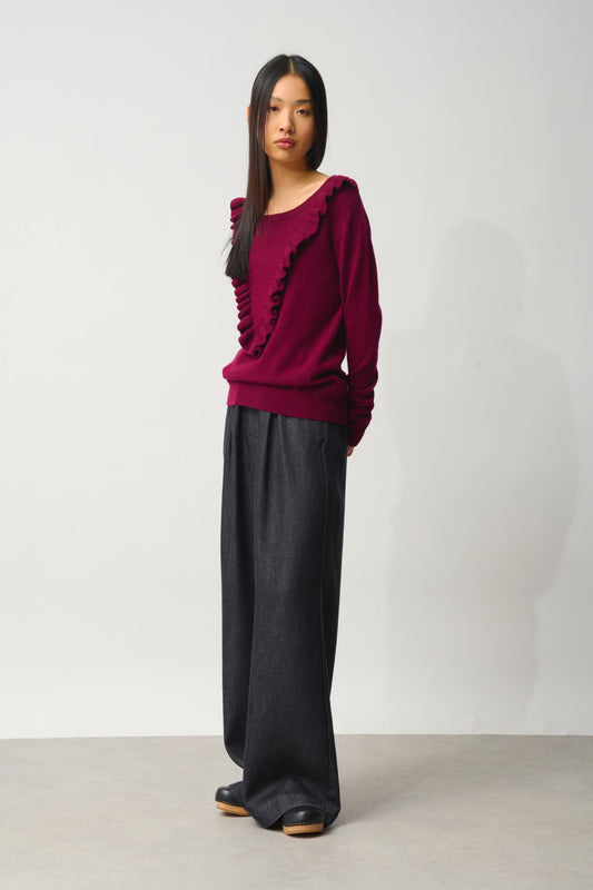 KNOTT pull col rond volants devant bordeaux 100% cachemire