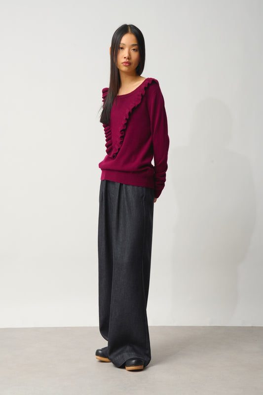 KNOTT Pullover Rundhalsausschnitt Rüschen vorne bordeauxrot 100% Kaschmir