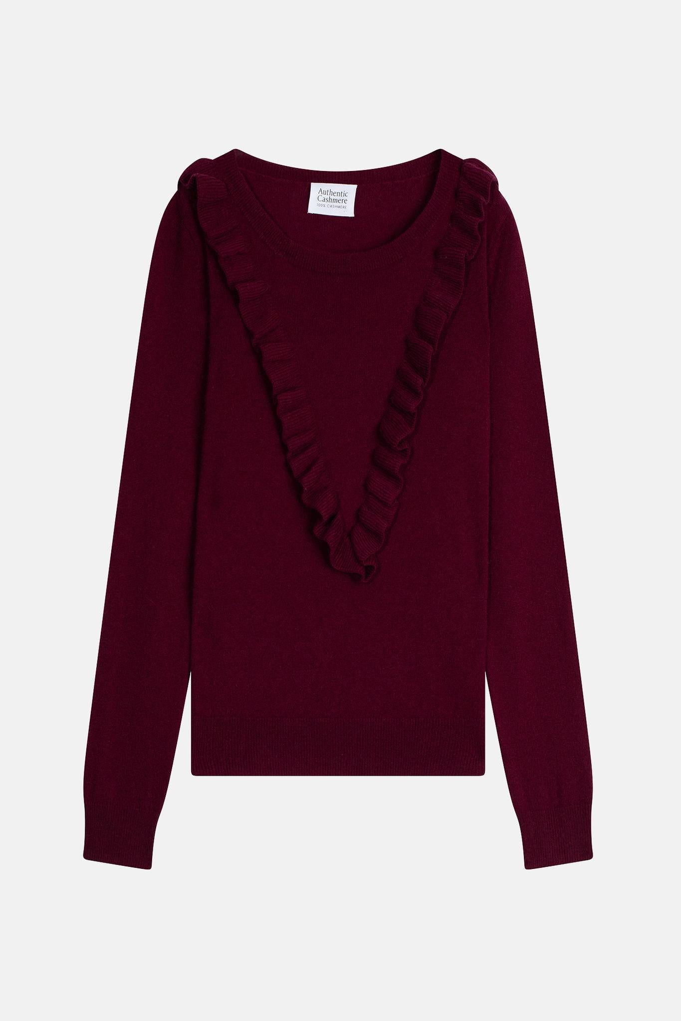 KNOTT pull col rond volants devant bordeaux 100% cachemire