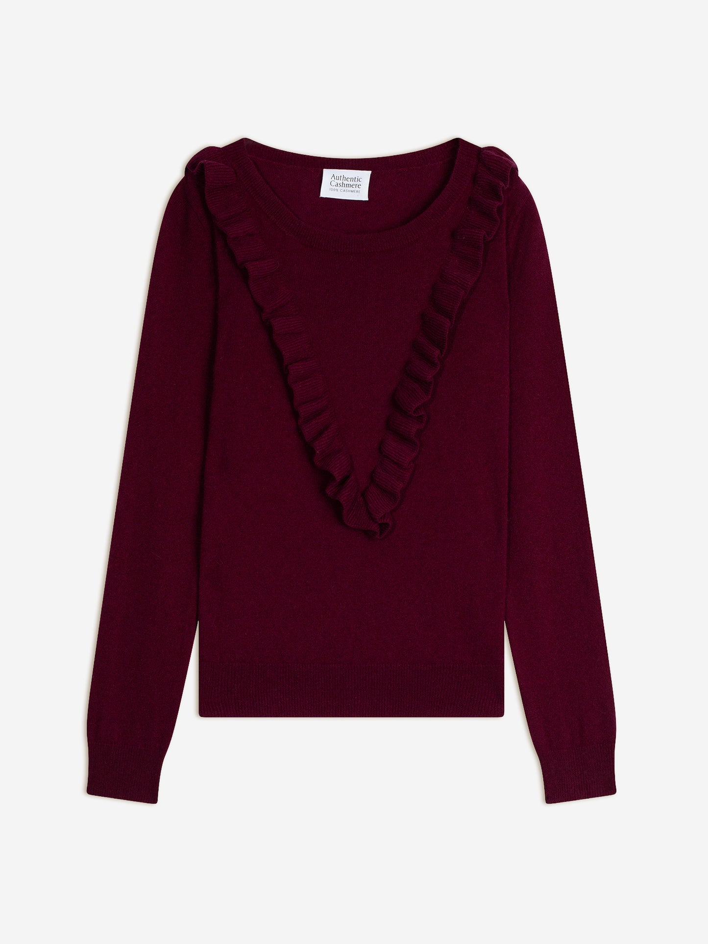 KNOTT pull col rond volants devant bordeaux 100% cachemire