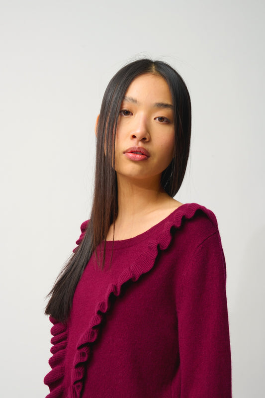 KNOTT Pullover Rundhalsausschnitt Rüschen vorne bordeauxrot 100% Kaschmir